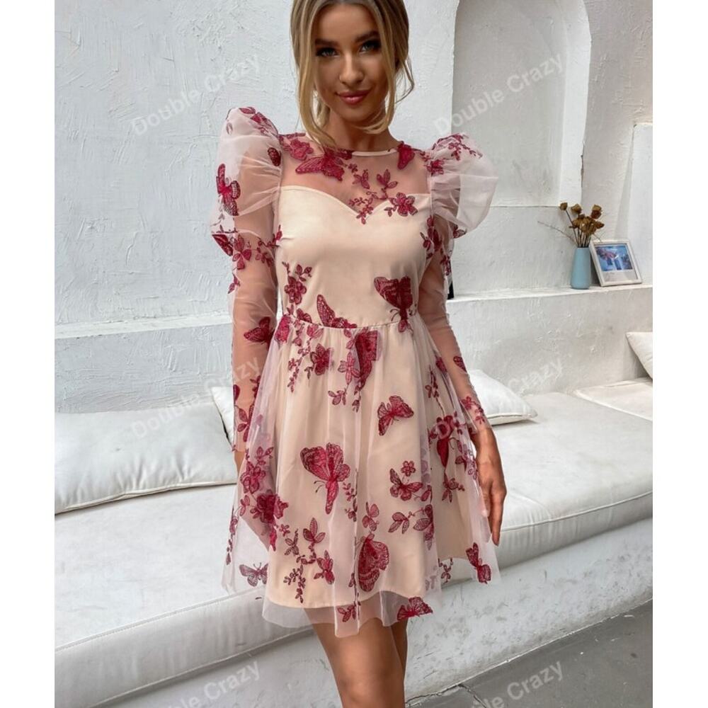 Double Crazy Gigot Sleeve Butterfly mesh in Cherry Cola Color Pallet Dress M
